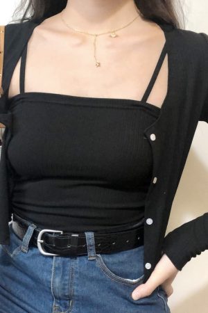 Slimming Knitted Camisole and Cardigan Two-Piece Set for Women - Fashionable Layering Essential, Perfect for Y2K and Casual Styles