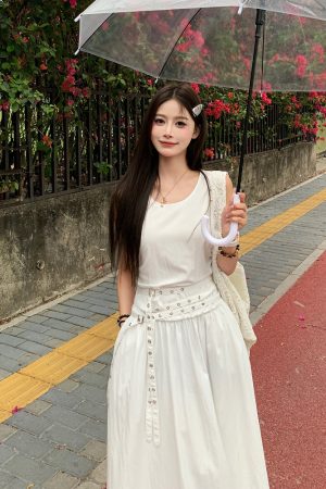 Slimming Studded Waist Belt Dress for Women - White Sleeveless Tank Dress with Long Skirt - Elegant Temperament Style