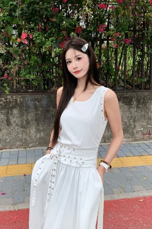 Slimming Studded Waist Belt Dress for Women - White Sleeveless Tank Dress with Long Skirt - Elegant Temperament Style