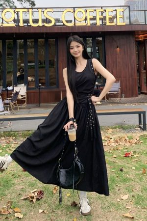 Slimming Studded Waist Belt Dress for Women - White Sleeveless Tank Dress with Long Skirt - Elegant Temperament Style