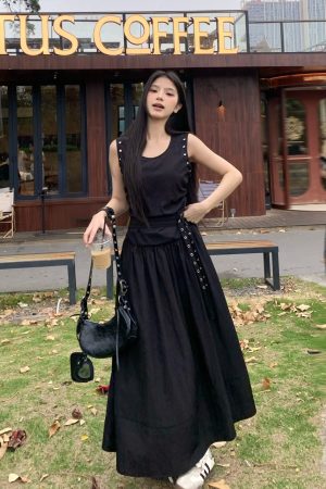 Slimming Studded Waist Belt Dress for Women - White Sleeveless Tank Dress with Long Skirt - Elegant Temperament Style