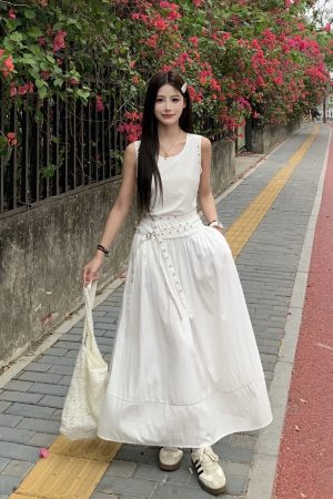 Slimming Studded Waist Belt Dress for Women - White Sleeveless Tank Dress with Long Skirt - Elegant Temperament Style