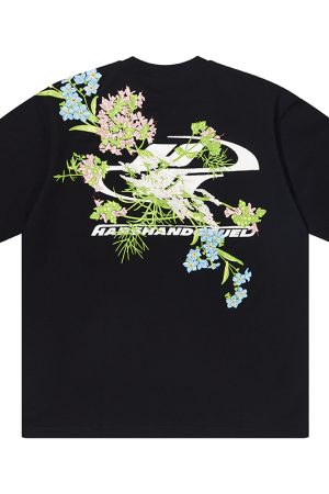 Smoke Gray Short Sleeve T-Shirt with Floral Embroidery - Chinese Style Streetwear for Couples - Trendy 90s Inspired Fashion