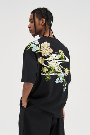 Smoke Gray Short Sleeve T-Shirt with Floral Embroidery - Chinese Style Streetwear for Couples - Trendy 90s Inspired Fashion