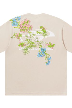 Smoke Gray Short Sleeve T-Shirt with Floral Embroidery - Chinese Style Streetwear for Couples - Trendy 90s Inspired Fashion