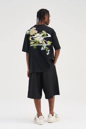 Smoke Gray Short Sleeve T-Shirt with Floral Embroidery - Chinese Style Streetwear for Couples - Trendy 90s Inspired Fashion