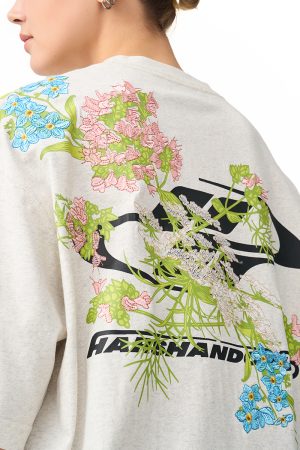 Smoke Gray Short Sleeve T-Shirt with Floral Embroidery - Chinese Style Streetwear for Couples - Trendy 90s Inspired Fashion