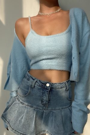 Soft Fluffy Imitation Mink Velvet High-Waisted Short Knitted Camisole Cardigan Two-Piece Set - Retro European American Style