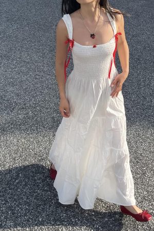 Solid Color Red Bow Tie Flowing Shoulder-Exposing Dress for Women - Spring/Summer 2025, Elegant 90s Y2K Style