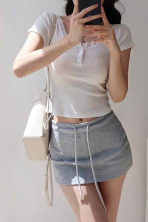 Solid Color Ribbed Jacquard Short T-Shirt for Women - Sweet Lace Trim Round Neck Short Sleeve Top - Versatile Summer Style