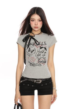 Spicy Girl Design Strap Shoulder Short Sleeve T-Shirt for Women - Slim Fit Summer Top, American Style Trendy Fashion