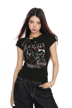 Spicy Girl Design Strap Shoulder Short Sleeve T-Shirt for Women - Slim Fit Summer Top, American Style Trendy Fashion