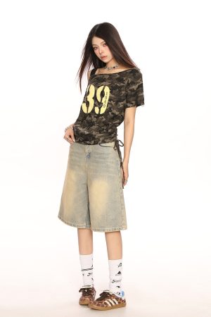 Spicy Girl Off-Shoulder Camouflage Letter Short Sleeve T-Shirt for Women - Summer Drawstring Tie-Up Slim Fit Crop Top