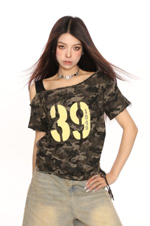 Spicy Girl Off-Shoulder Camouflage Letter Short Sleeve T-Shirt for Women - Summer Drawstring Tie-Up Slim Fit Crop Top