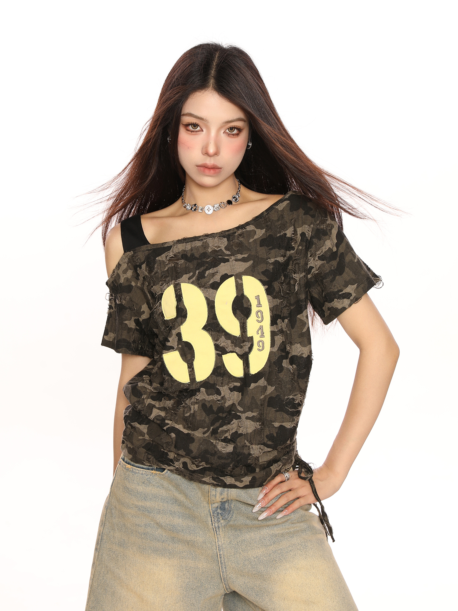 Spicy Girl Off-Shoulder Camouflage Letter Short Sleeve T-Shirt for Women - Summer Drawstring Tie-Up Slim Fit Crop Top Spicy Girl Off-Shoulder Camouflage Letter Short Sleeve T-Shirt for Women - Summer Drawstring Tie-Up Slim Fit Crop Top