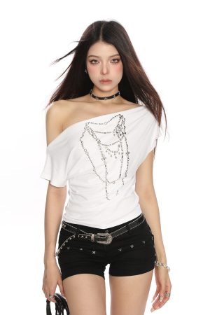 Spicy Girl Studded Off-Shoulder Short Sleeve T-Shirt for Women - Summer Slim Fit One-Shoulder Top, Trendy Y2K Style