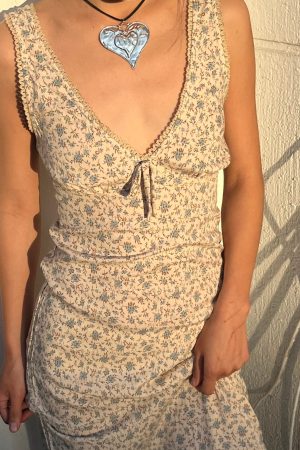 Spring 2025 French Floral V-Neck Tie Waist Slim Fit Sleeveless Dress for Women - Perfect for 90s and Y2K Style Looks