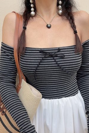 Spring 2025 Sexy One-Shoulder Striped T-Shirt Top with Bow Tie and Drawstring - Trendy Long Sleeve Fashion