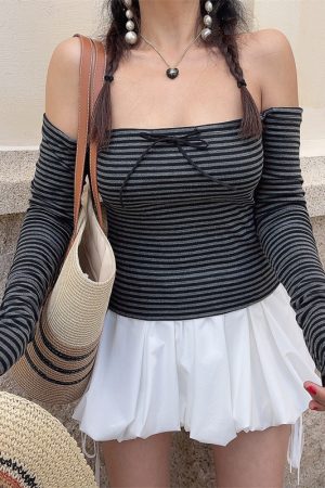 Spring 2025 Sexy One-Shoulder Striped T-Shirt Top with Bow Tie and Drawstring - Trendy Long Sleeve Fashion