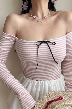 Spring 2025 Sexy One-Shoulder Striped T-Shirt Top with Bow Tie and Drawstring - Trendy Long Sleeve Fashion