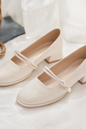 Spring 2025 Women's Sheepskin Chunky Heel Mary Jane Shoes - Low-Heeled Square Toe Single Shoes