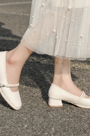 Spring 2025 Women's Sheepskin Chunky Heel Mary Jane Shoes - Low-Heeled Square Toe Single Shoes