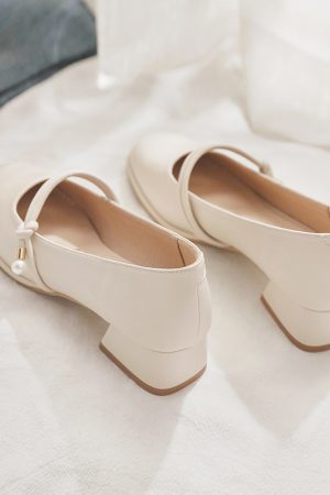 Spring 2025 Women's Sheepskin Chunky Heel Mary Jane Shoes - Low-Heeled Square Toe Single Shoes