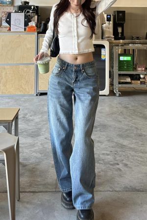 Spring 2025 Women's Vintage Floor-Length Loose Low Waist Straight Leg Pants in Cleanfit American Style