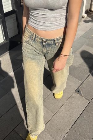 Spring American Vintage Distressed Wasteland Mud-Washed Low-Rise Loose Slim Straight Leg Jeans for Women - 90s Y2K Style