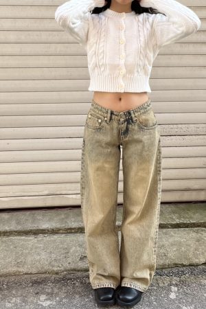 Spring American Vintage Distressed Wasteland Mud-Washed Low-Rise Loose Slim Straight Leg Jeans for Women - 90s Y2K Style