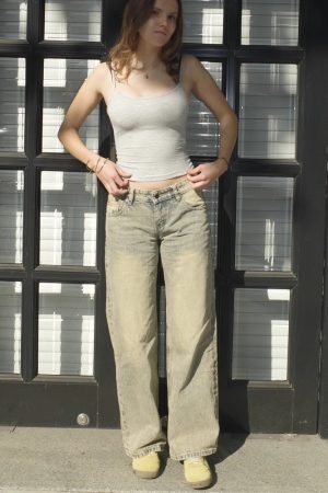 Spring American Vintage Distressed Wasteland Mud-Washed Low-Rise Loose Slim Straight Leg Jeans for Women - 90s Y2K Style