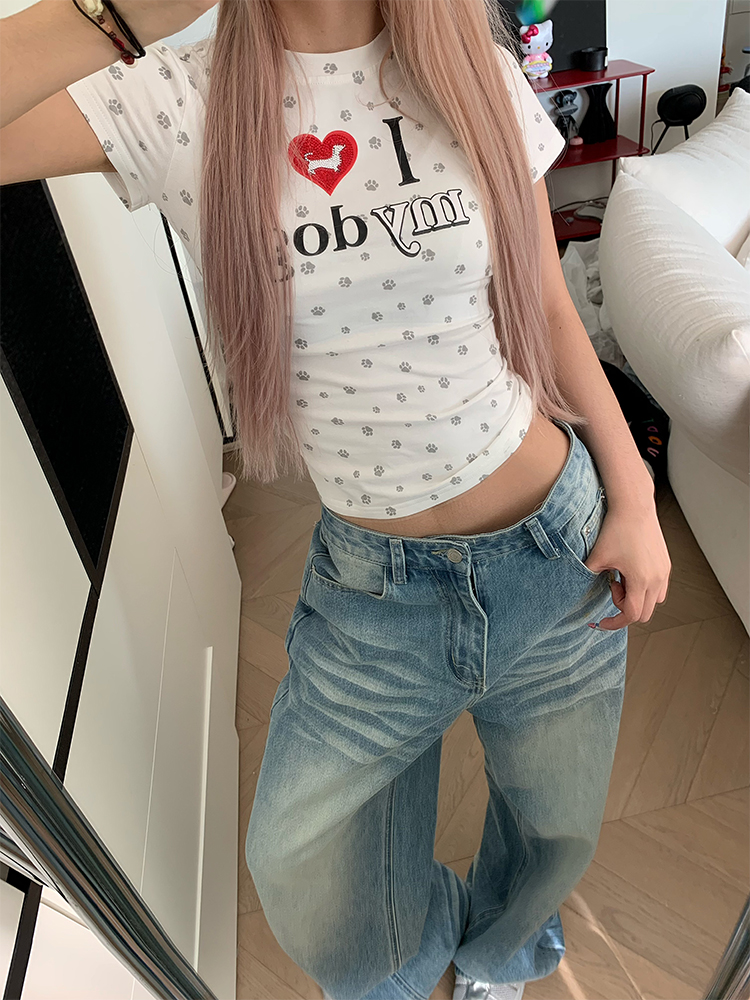 Spring American Vintage Heart Dog Paw Print Short T-Shirt for Women - Slim Fit, Y2K Inspired, Casual Fashion Tee Spring American Vintage Heart Dog Paw Print Short T-Shirt for Women - Slim Fit, Y2K Inspired, Casual Fashion Tee