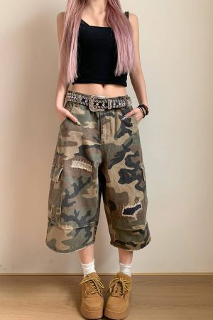 Spring Camouflage Ripped Patch Straight-Cut Three-Quarter Pants for Men and Women - Loose Casual Y2K Style