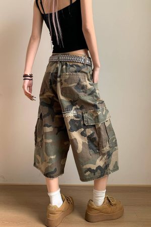 Spring Camouflage Ripped Patch Straight-Cut Three-Quarter Pants for Men and Women - Loose Casual Y2K Style