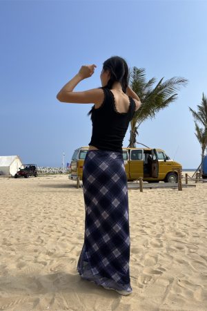 Spring Sheer Plaid Long Skirt for Women - Slim Fit, Elastic Waist, Sweet and Spicy Style, Perfect for 90s and Y2K Fashion