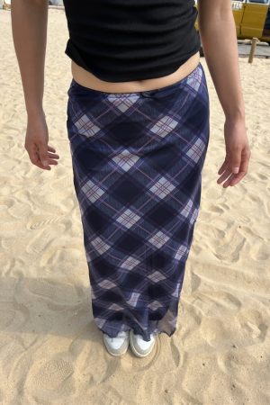 Spring Sheer Plaid Long Skirt for Women - Slim Fit, Elastic Waist, Sweet and Spicy Style, Perfect for 90s and Y2K Fashion
