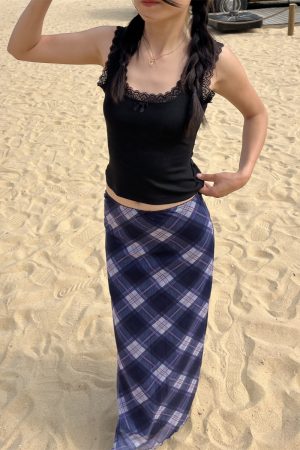Spring Sheer Plaid Long Skirt for Women - Slim Fit, Elastic Waist, Sweet and Spicy Style, Perfect for 90s and Y2K Fashion