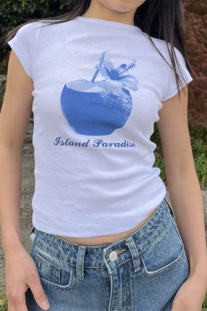 Spring Slim Fit Pure Cotton Short Sleeve T-Shirt for Women - American Style with Island Coconut Print - Versatile Casual Wear
