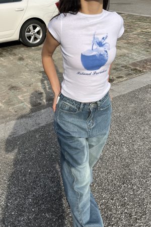 Spring Slim Fit Pure Cotton Short Sleeve T-Shirt for Women - American Style with Island Coconut Print - Versatile Casual Wear