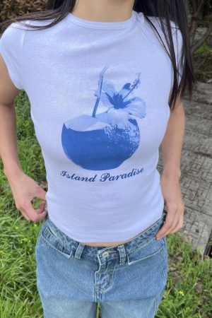 Spring Slim Fit Pure Cotton Short Sleeve T-Shirt for Women - American Style with Island Coconut Print - Versatile Casual Wear