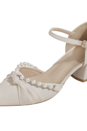 Spring Summer Sheepskin Mary Jane Shoes Chunky High Heel Closed Toe Sandals for Women - Fairy Style Pointed Toe Flats