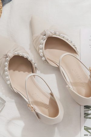 Spring Summer Sheepskin Mary Jane Shoes Chunky High Heel Closed Toe Sandals for Women - Fairy Style Pointed Toe Flats