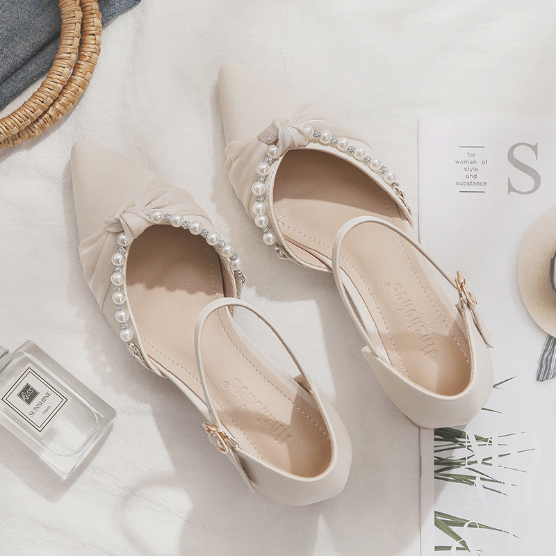 Spring Summer Sheepskin Mary Jane Shoes Chunky High Heel Closed Toe Sandals for Women - Fairy Style Pointed Toe Flats Spring Summer Sheepskin Mary Jane Shoes Chunky High Heel Closed Toe Sandals for Women - Fairy Style Pointed Toe Flats