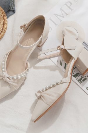 Spring Summer Sheepskin Mary Jane Shoes Chunky High Heel Closed Toe Sandals for Women - Fairy Style Pointed Toe Flats