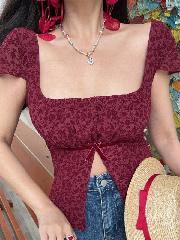 Spring/Summer 2025 Women's Handmade French Square Neck Bow Velvet Mesh Short Sleeve T-Shirt Spring/Summer 2025 Women's Handmade French Square Neck Bow Velvet Mesh Short Sleeve T-Shirt