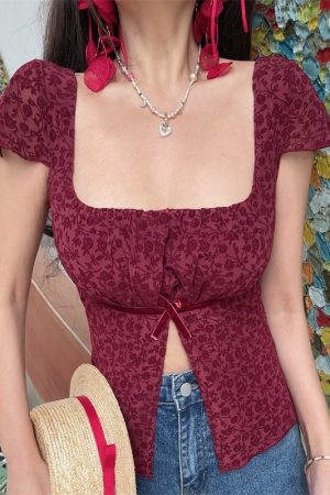 Spring/Summer 2025 Women's Handmade French Square Neck Bow Velvet Mesh Short Sleeve T-Shirt
