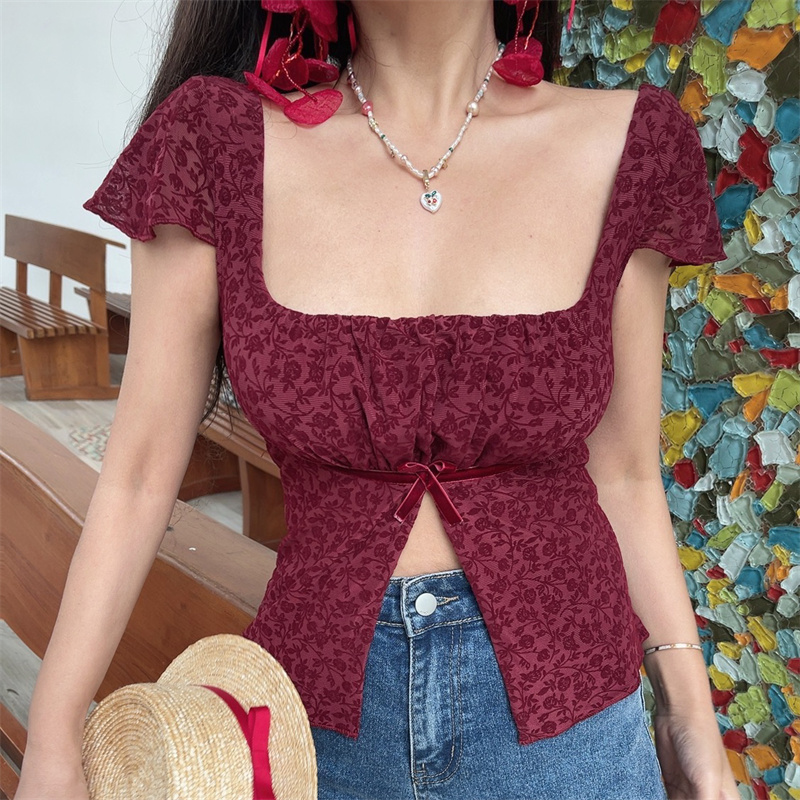 Spring/Summer 2025 Women's Handmade French Square Neck Bow Velvet Mesh Short Sleeve T-Shirt Spring/Summer 2025 Women's Handmade French Square Neck Bow Velvet Mesh Short Sleeve T-Shirt