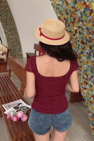 Spring/Summer 2025 Women's Handmade French Square Neck Bow Velvet Mesh Short Sleeve T-Shirt