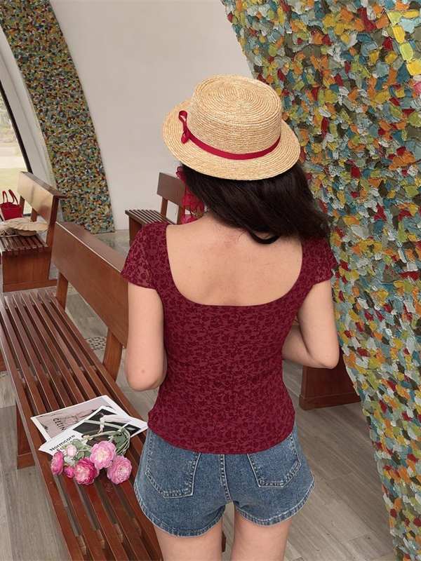 Spring/Summer 2025 Women's Handmade French Square Neck Bow Velvet Mesh Short Sleeve T-Shirt Spring/Summer 2025 Women's Handmade French Square Neck Bow Velvet Mesh Short Sleeve T-Shirt