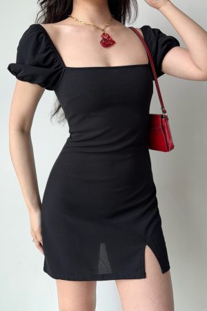 Square Neck Puff Sleeve Bodycon Dress with Split Short Skirt - European & American Style for Women, Trendy and Sexy Fashion